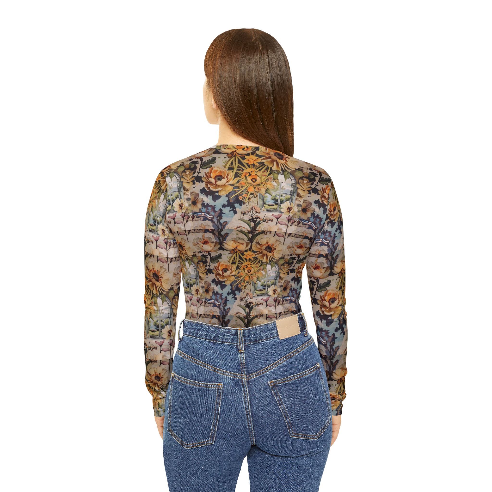 Floral Print Vintage Women's Shirt, Long Sleeve V-neck Tee, Spring Floral Top, Retro Floral Blouse, Boho Flower Pattern T-shirt