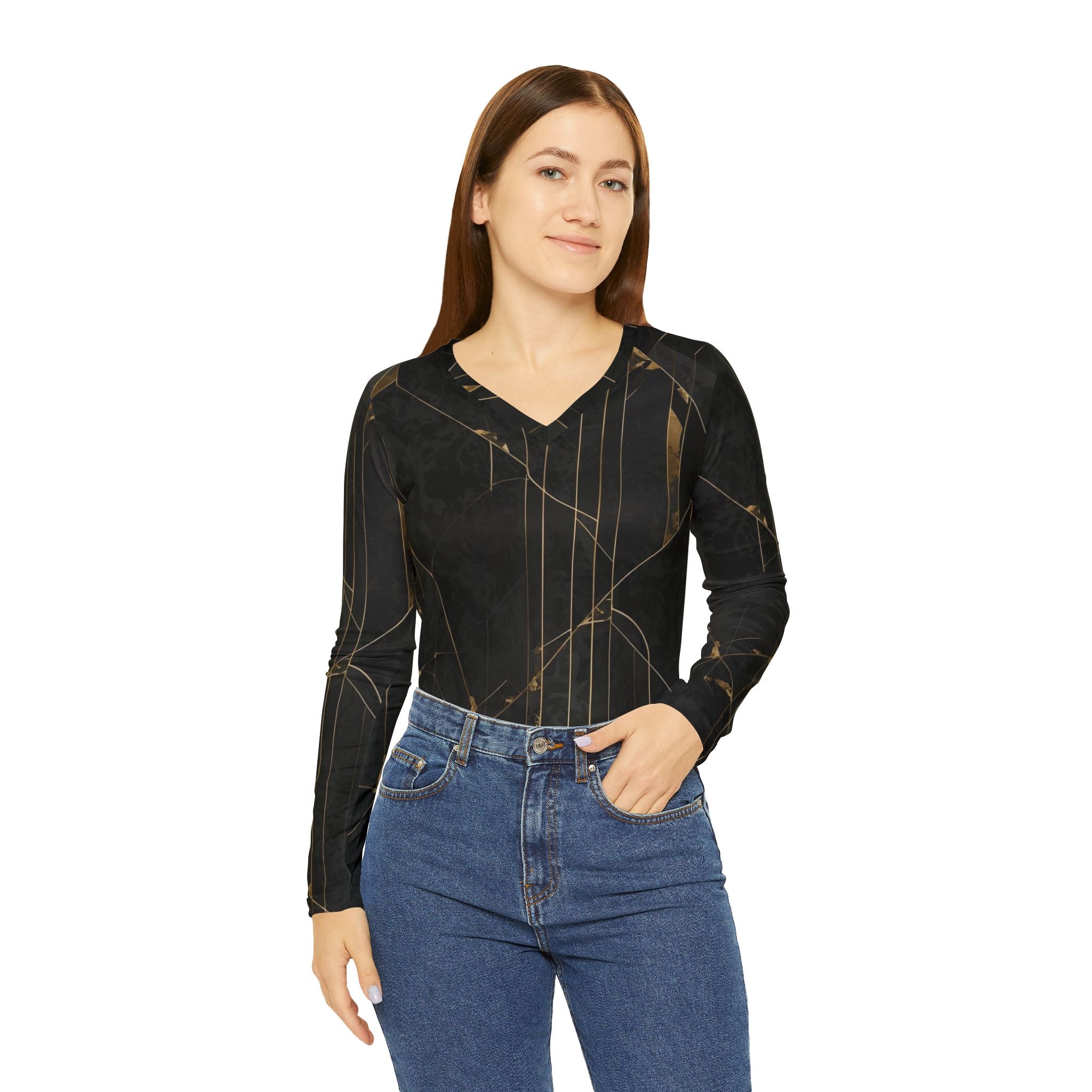 Long Sleeve Shirt Gold Line Art Marble Luxury Pattern, Women's V-neck Tee, Elegant Fashion Top, Trendy Graphic Blouse, Stylish Casual Wear,