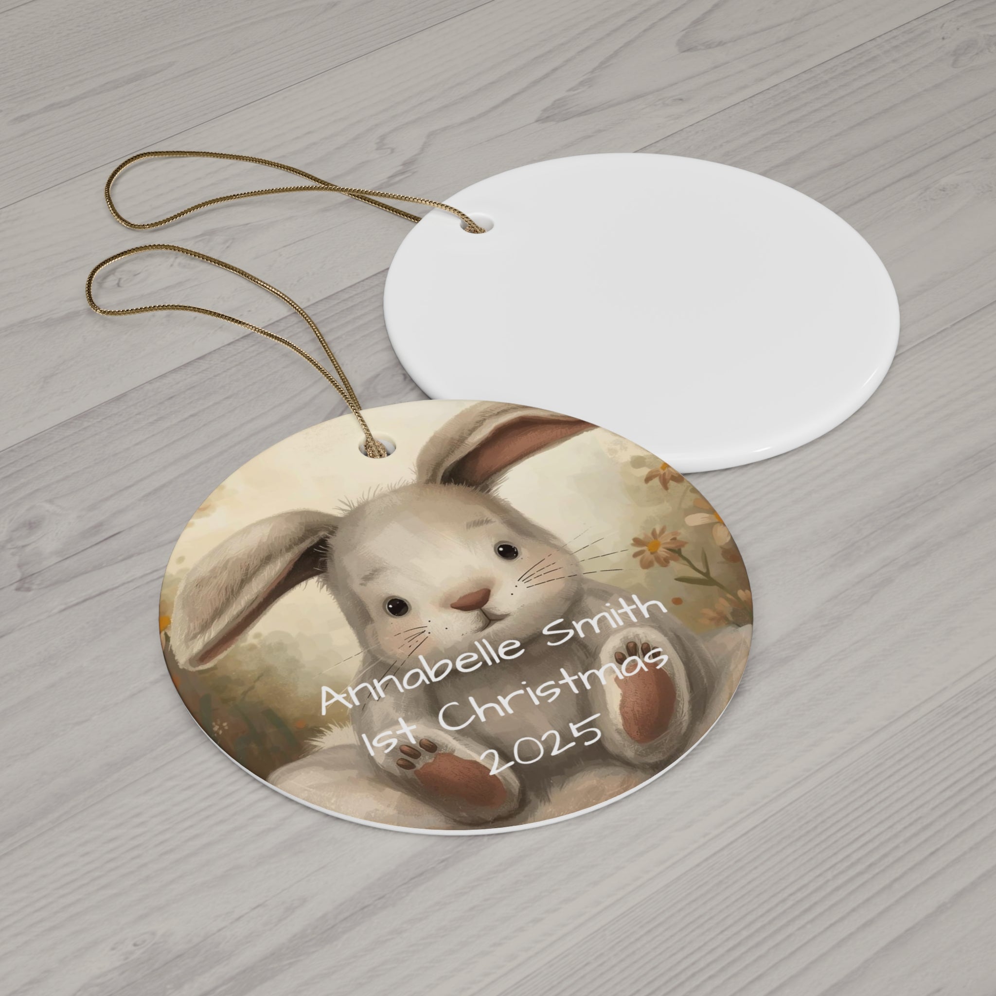 Personalized Bunny Ceramic Ornament, Custom Holiday Décor, Baby's First Christmas Keepsake, Easter Ornament, Seasonal Gift
