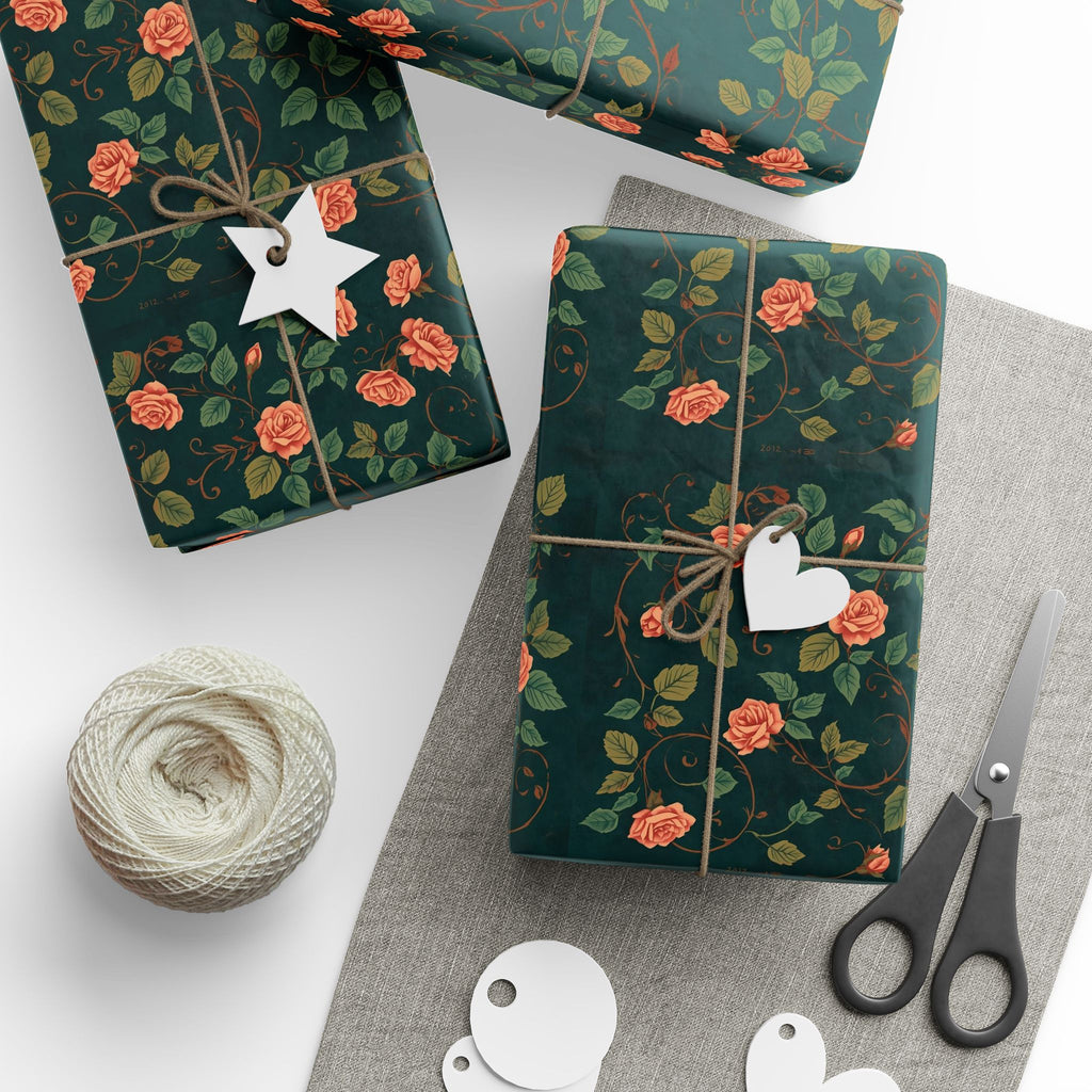 Wrapping Paper, Green Rose Pattern Classic Design - Floral Gift Wrap for Birthdays, Weddings, Holidays, Crafting, Scrapbooking, Decor