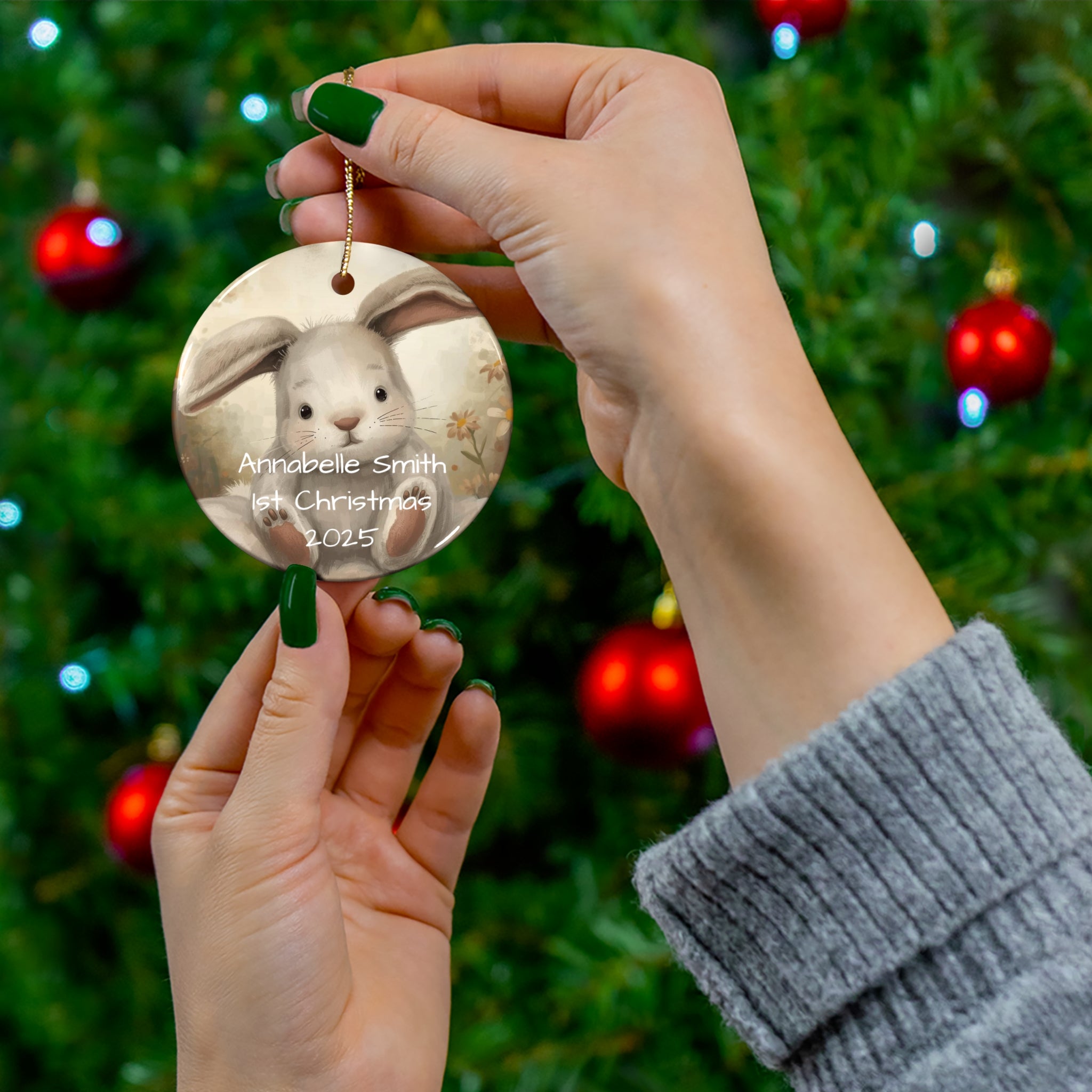 Personalized Bunny Ceramic Ornament, Custom Holiday Décor, Baby's First Christmas Keepsake, Easter Ornament, Seasonal Gift