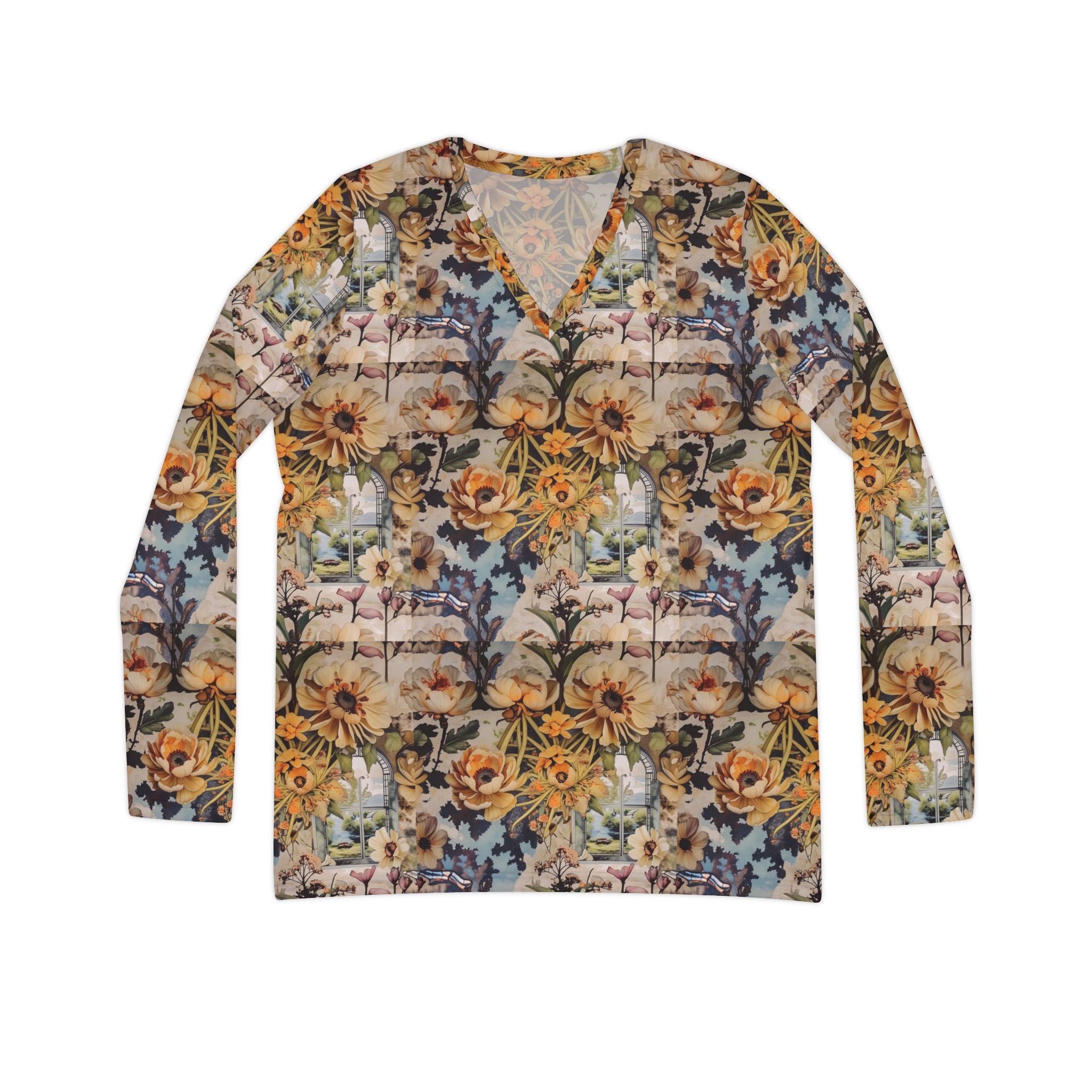 Floral Print Vintage Women's Shirt, Long Sleeve V-neck Tee, Spring Floral Top, Retro Floral Blouse, Boho Flower Pattern T-shirt