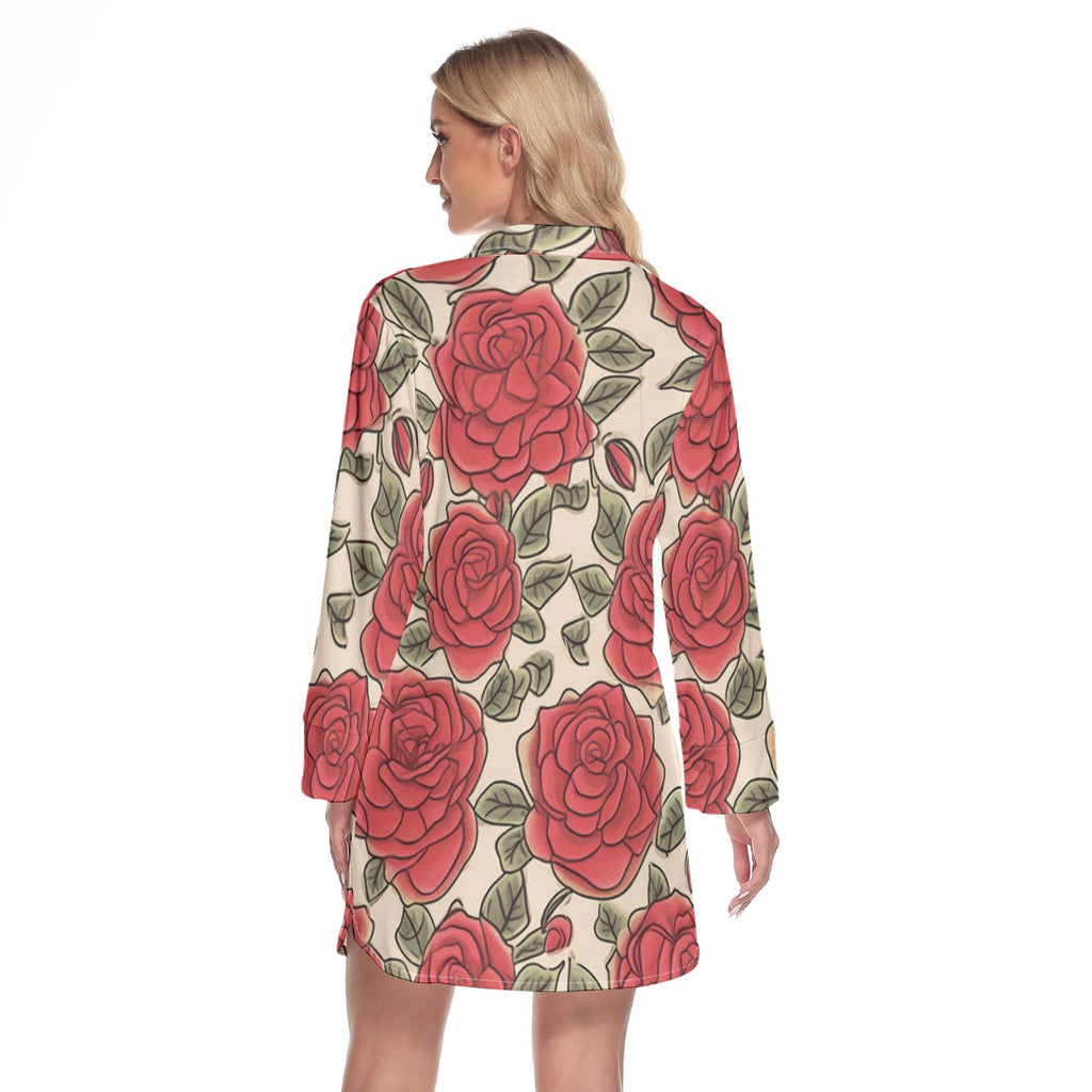 Rose Garden Glasses Lapel Shirt Dress With Long Sleeves