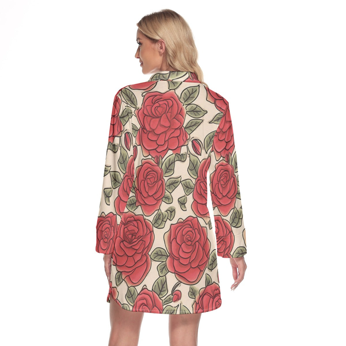 Rose Garden Glasses Lapel Shirt Dress With Long Sleeves
