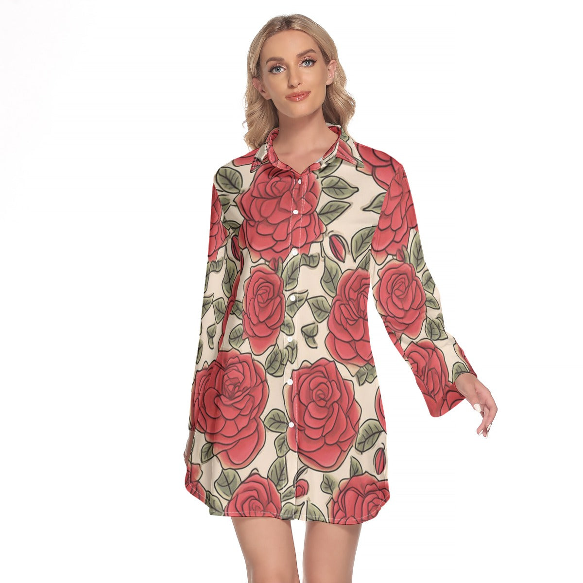 Rose Garden Glasses Lapel Shirt Dress With Long Sleeves