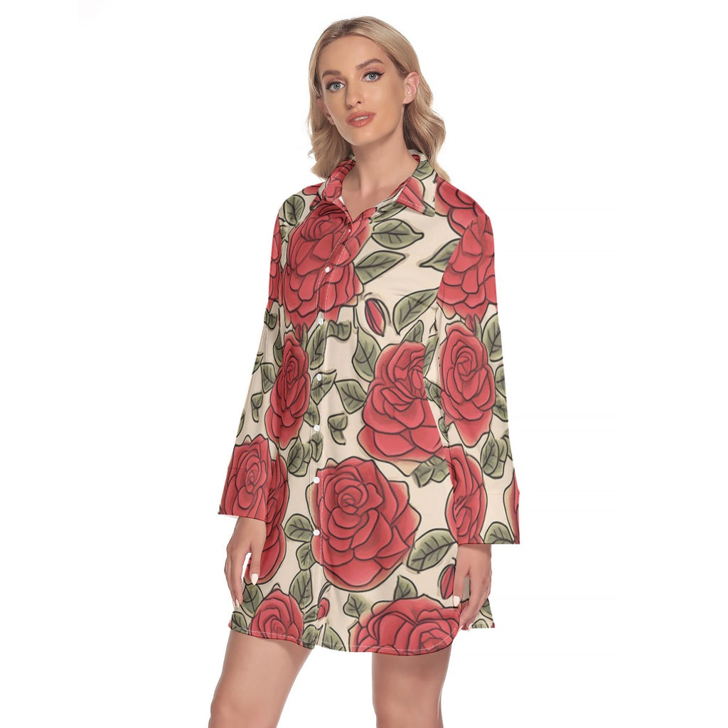 Rose Garden Glasses Lapel Shirt Dress With Long Sleeves