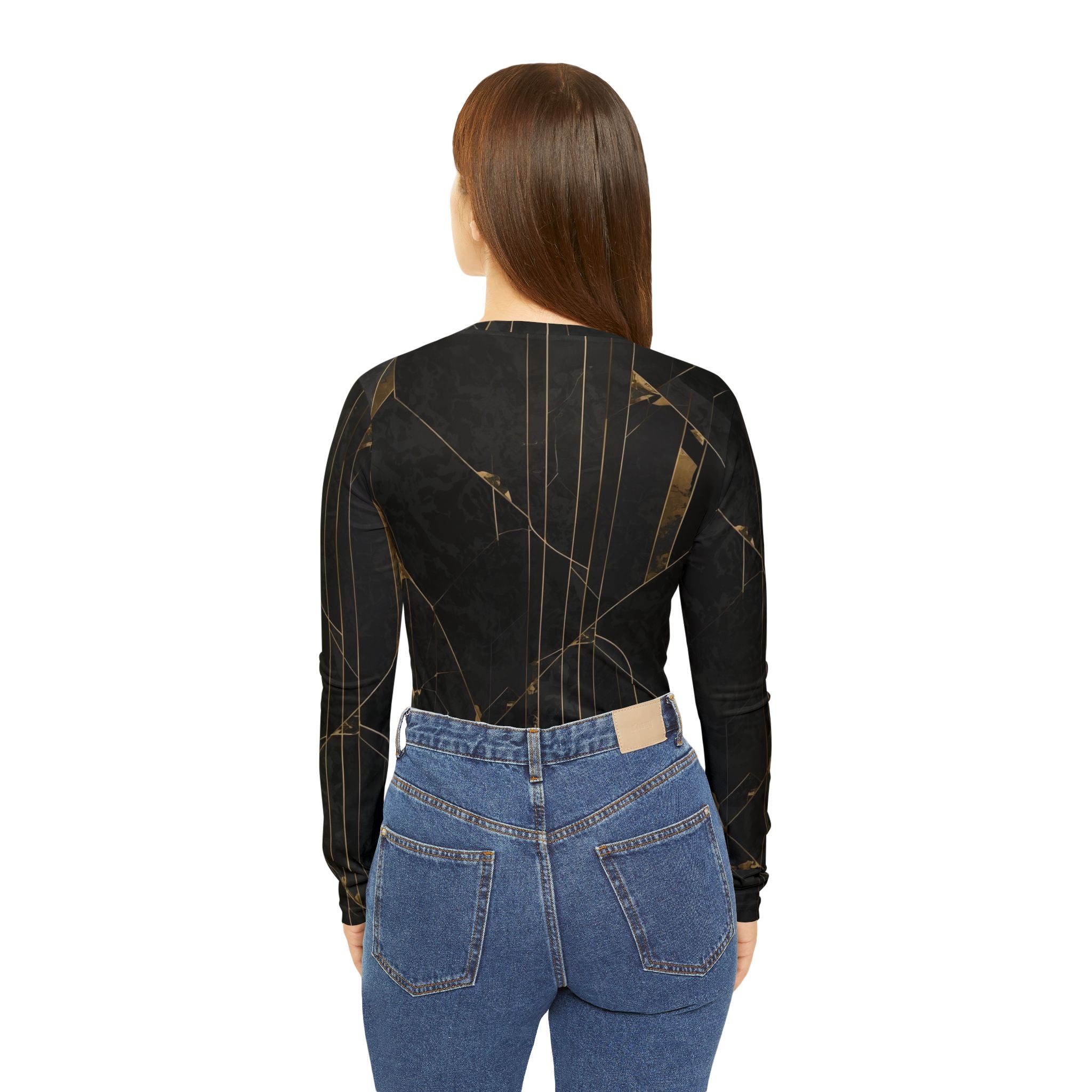 Long Sleeve Shirt Gold Line Art Marble Luxury Pattern, Women's V-neck Tee, Elegant Fashion Top, Trendy Graphic Blouse, Stylish Casual Wear,