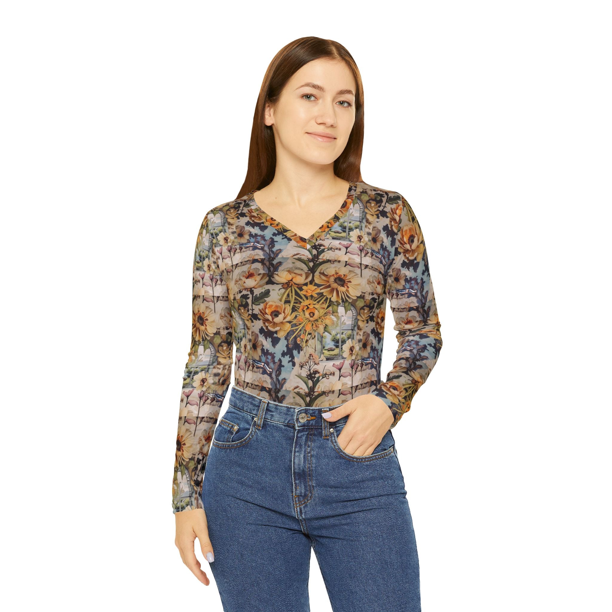 Floral Print Vintage Women's Shirt, Long Sleeve V-neck Tee, Spring Floral Top, Retro Floral Blouse, Boho Flower Pattern T-shirt