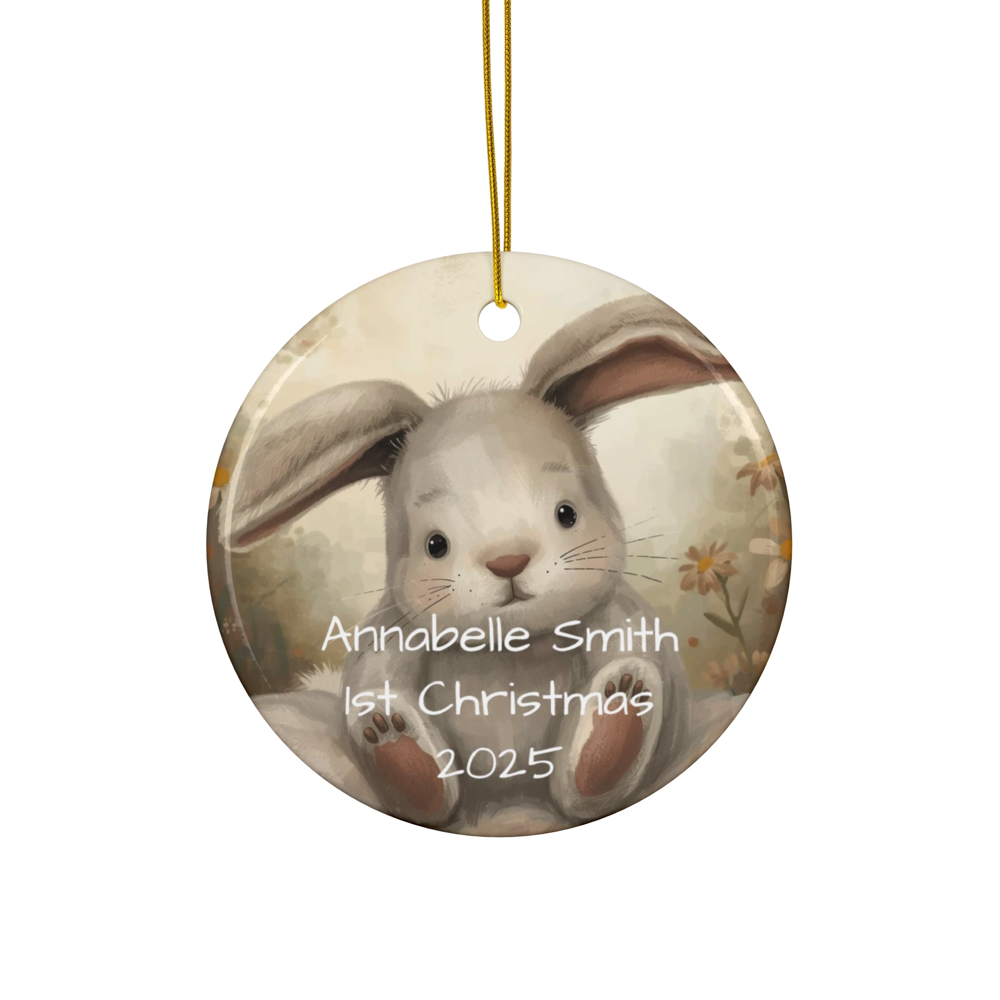 Personalized Bunny Ceramic Ornament, Custom Holiday Décor, Baby's First Christmas Keepsake, Easter Ornament, Seasonal Gift