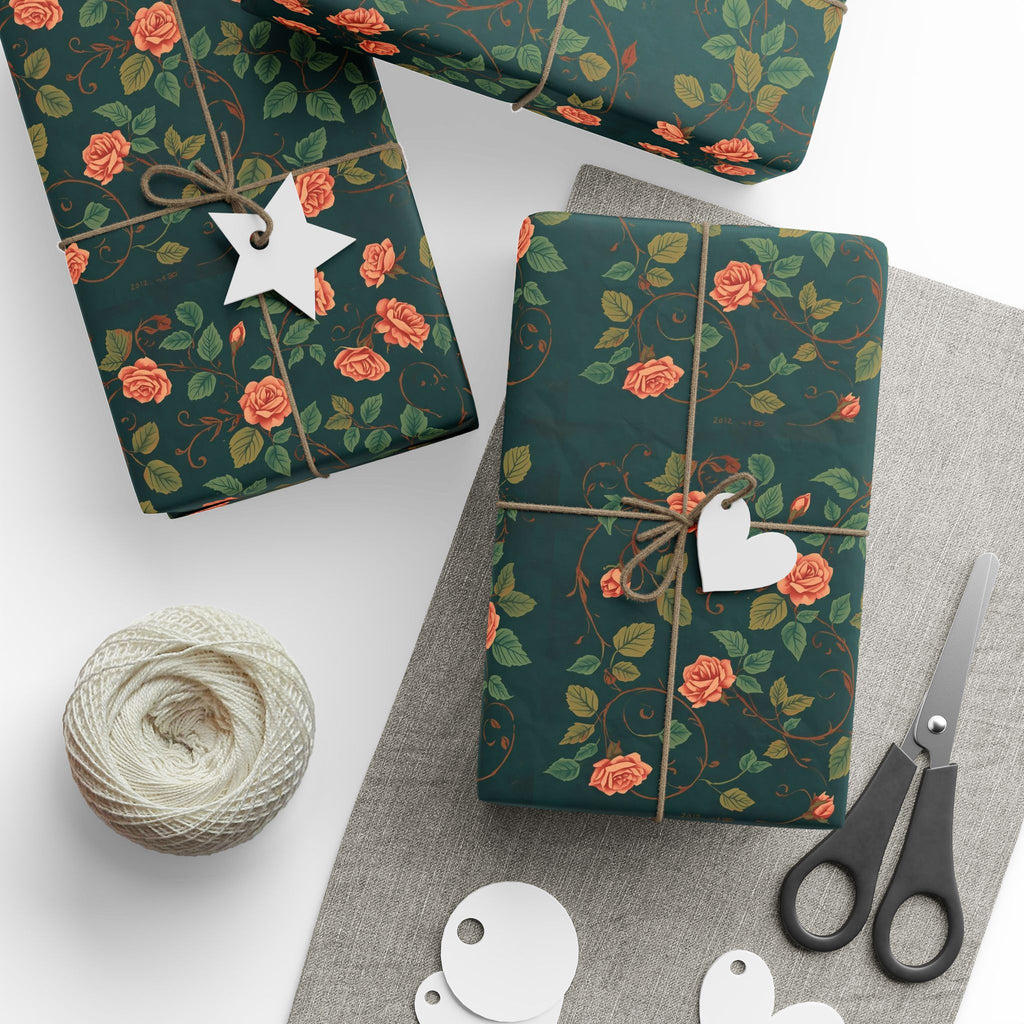 Wrapping Paper, Green Rose Pattern Classic Design - Floral Gift Wrap for Birthdays, Weddings, Holidays, Crafting, Scrapbooking, Decor