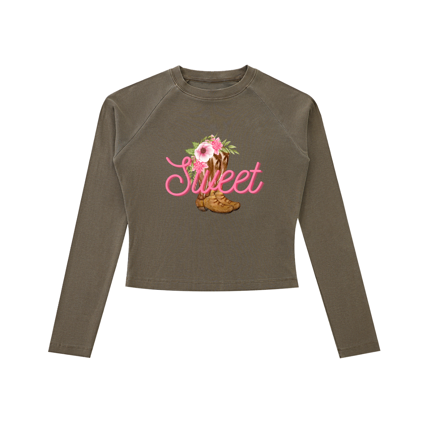 Cowgirl Boots Sweet Dyed Washed Raglan Long Sleeve Slim T-Shirt