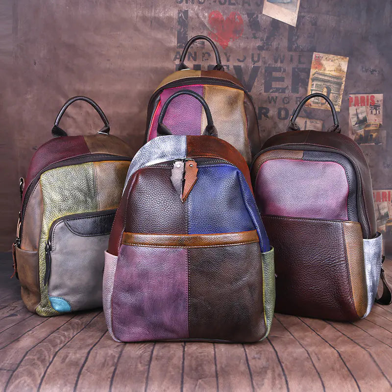 Vintage Handmade Color-Block Leather Backpack