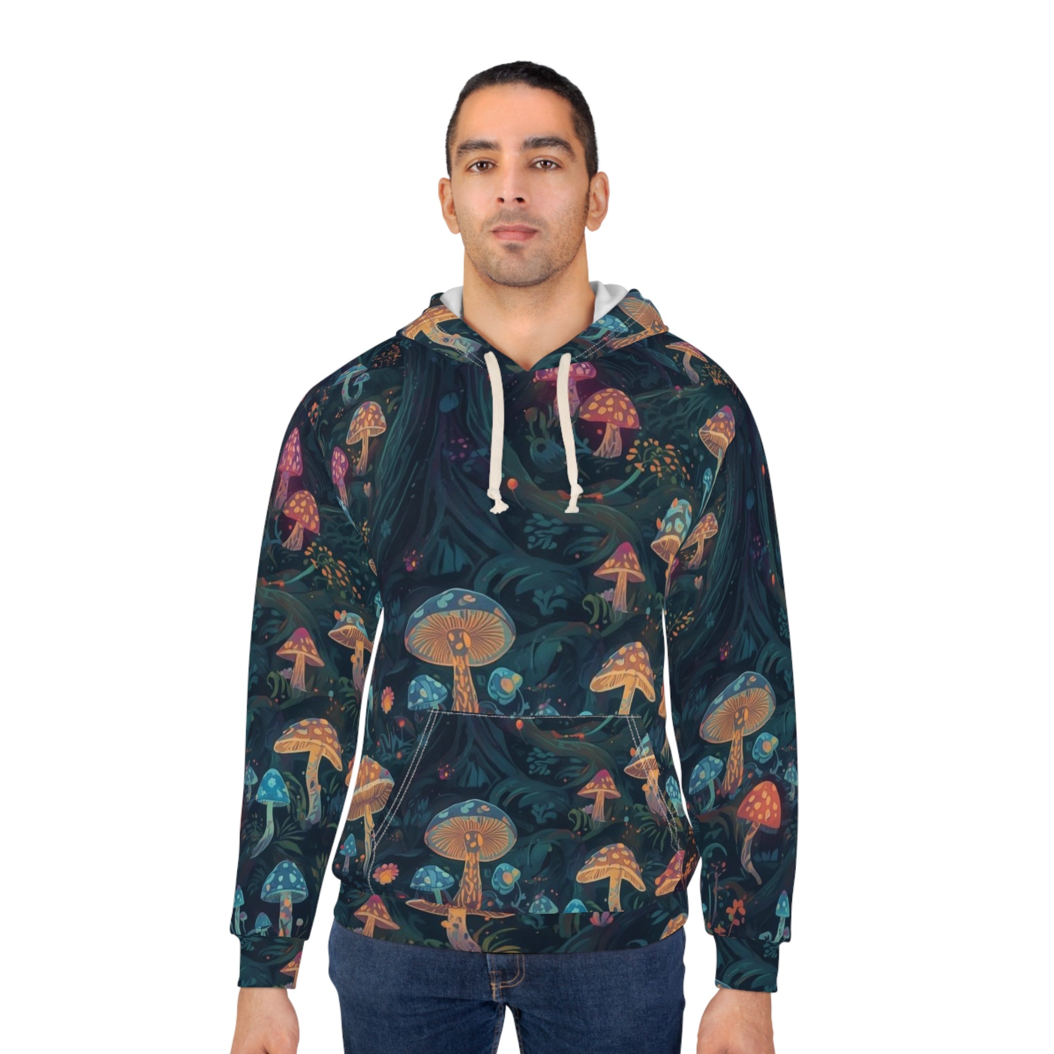 Whimsical Mushroom AOP Hoodie, Unisex Fall Fashion, Cozy Pullover for Nature Lovers, Perfect Gift for Festivals, Eco-Friendly Apparel