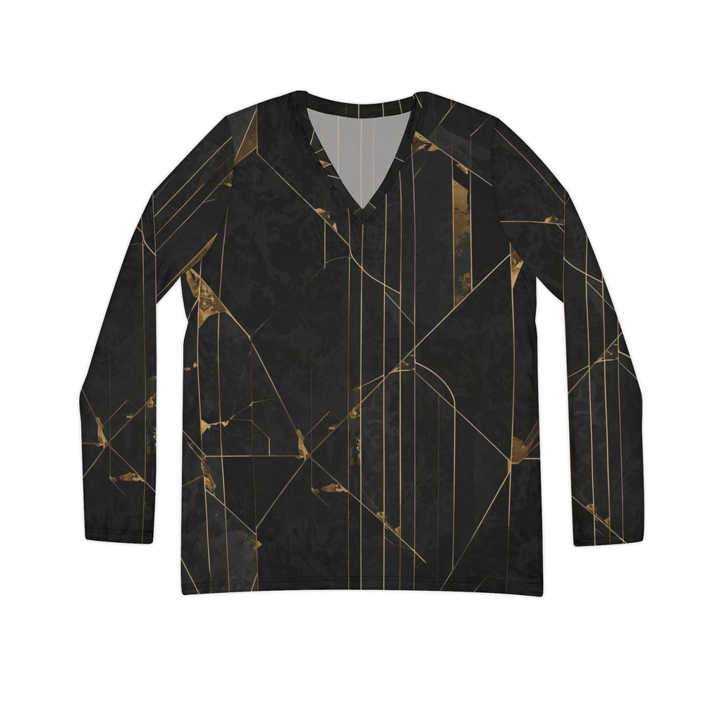 Long Sleeve Shirt Gold Line Art Marble Luxury Pattern, Women's V-neck Tee, Elegant Fashion Top, Trendy Graphic Blouse, Stylish Casual Wear,