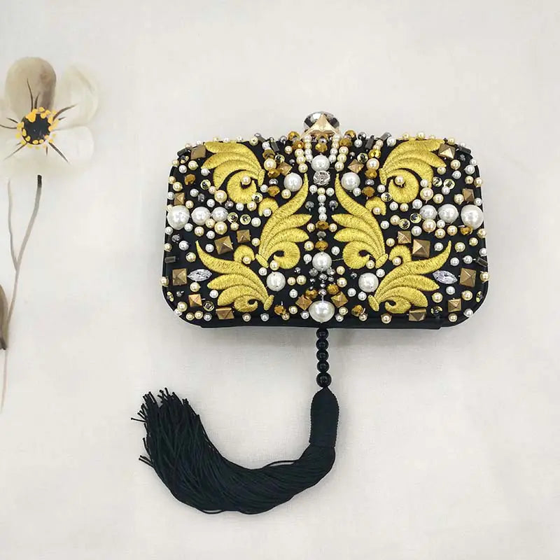 Handmade Embroidered Black Tassel Party Clutch