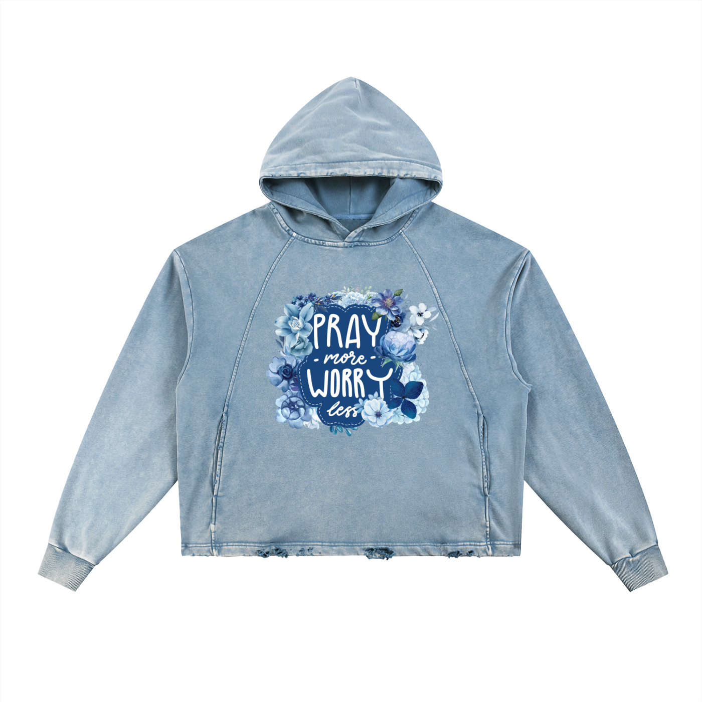 Pray Christian Blue Floral Vintage Washed Frayed-Hem Hoodie