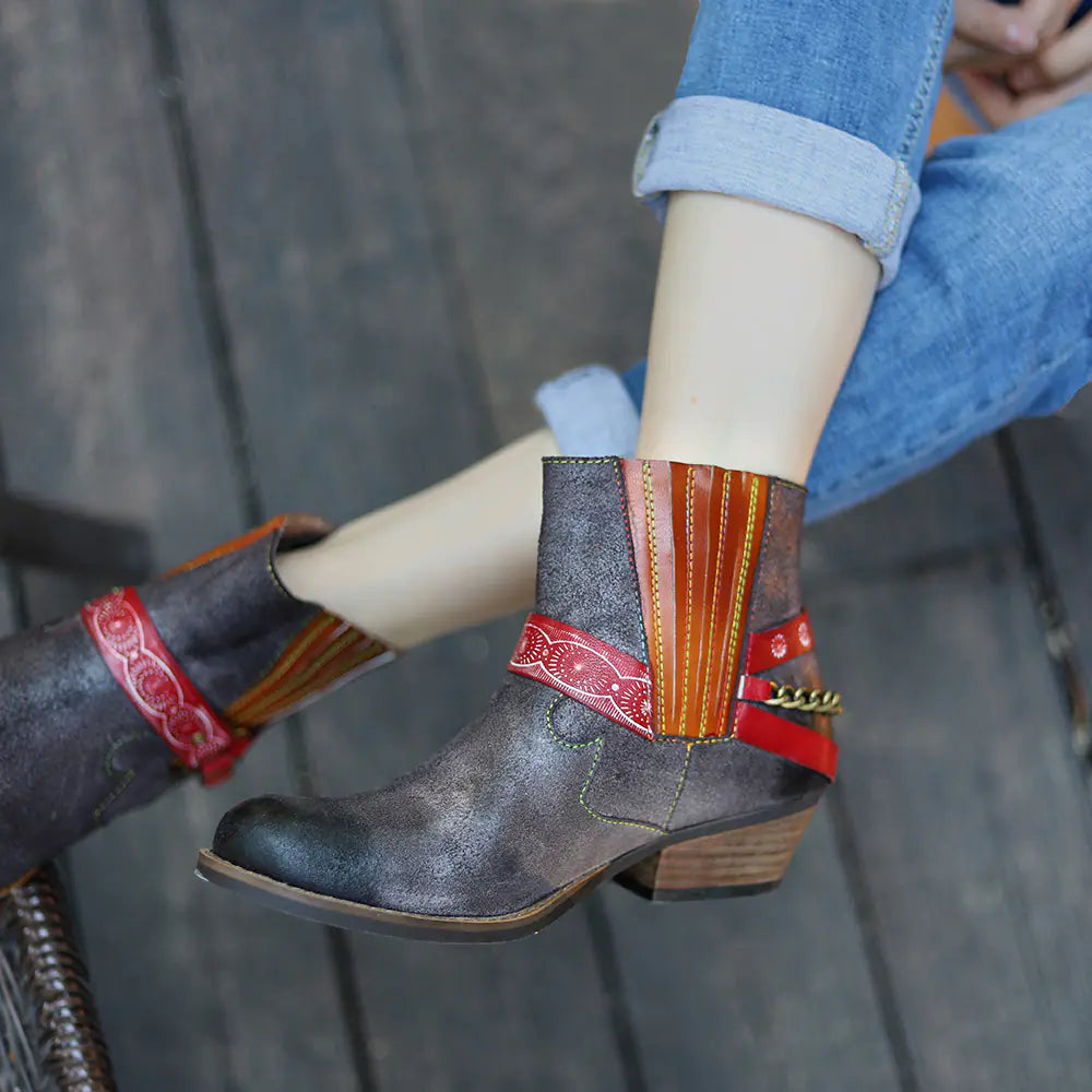 Handmade Frosted Cowboy Ankle Boots for Women